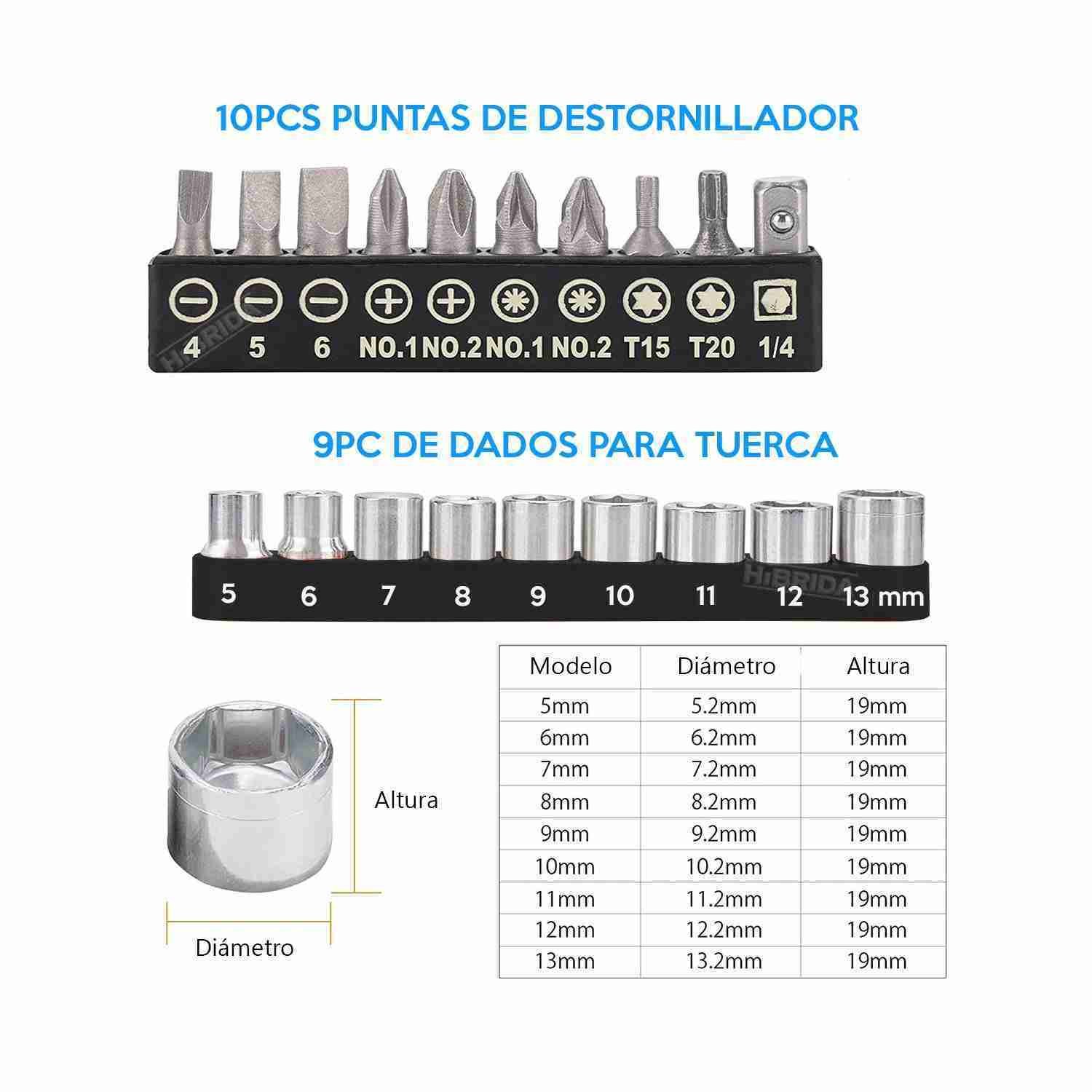 TALADRO ATORNILLADOR 20V + EXTENSOR FLEXIBLE DADOS PUNTAS 23 ACCESORIOS - Imagen 5