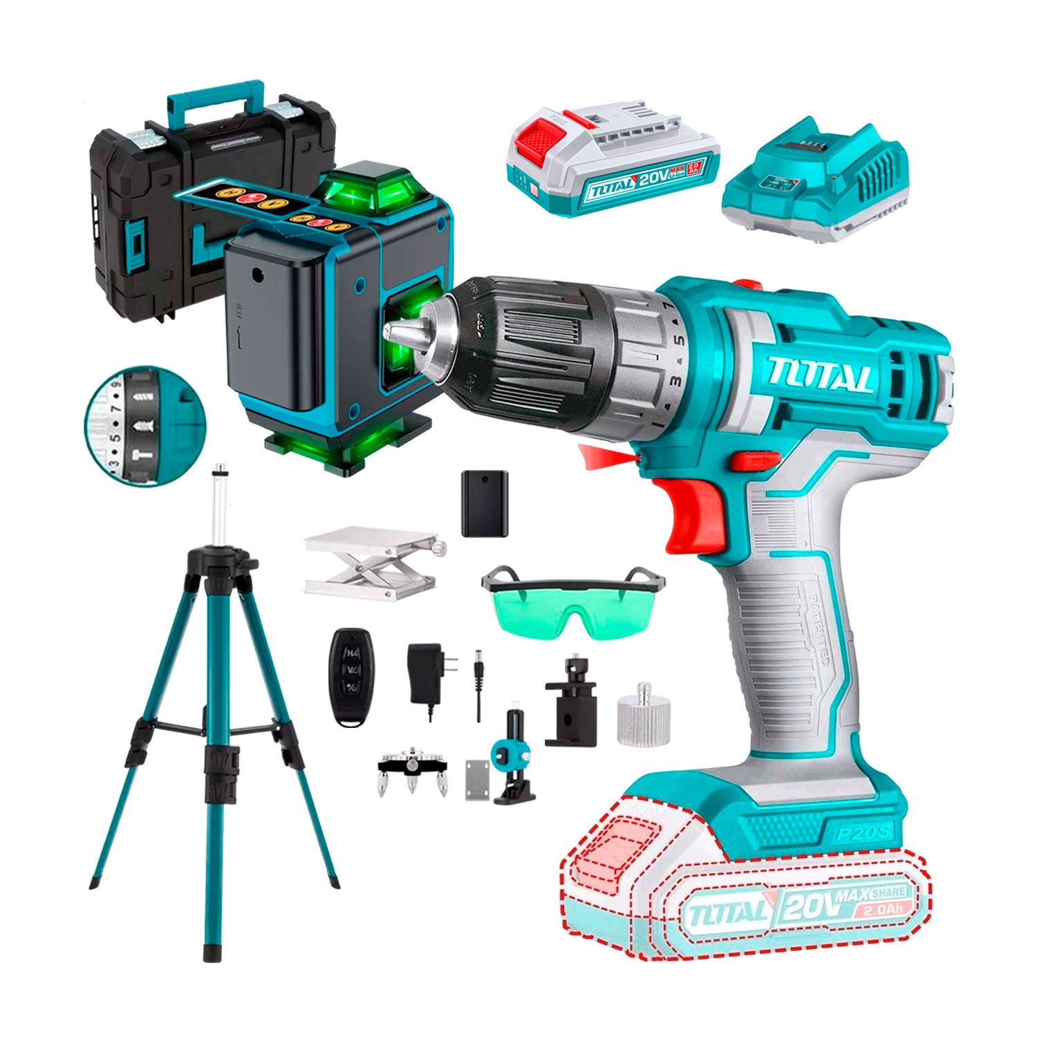 Taladro Atornillador 20v + Nivel Láser Verde 16 Niveles