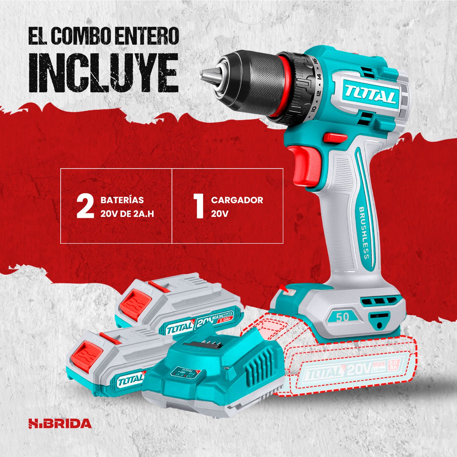 Taladro Atornillador Total 50nm + 2 Bats 20v 2.0ah + Acss - Imagen 3