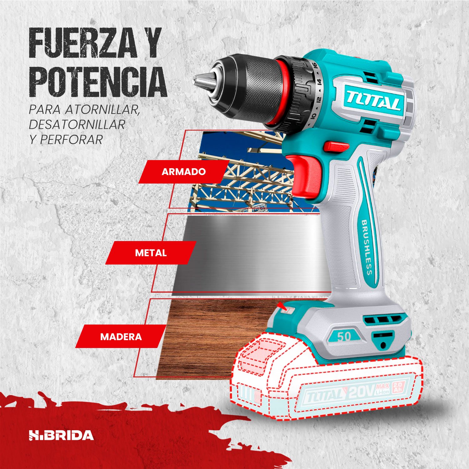 Taladro Atornillador Total 50nm + 2 Bats 20v 2.0ah + Acss - Imagen 7
