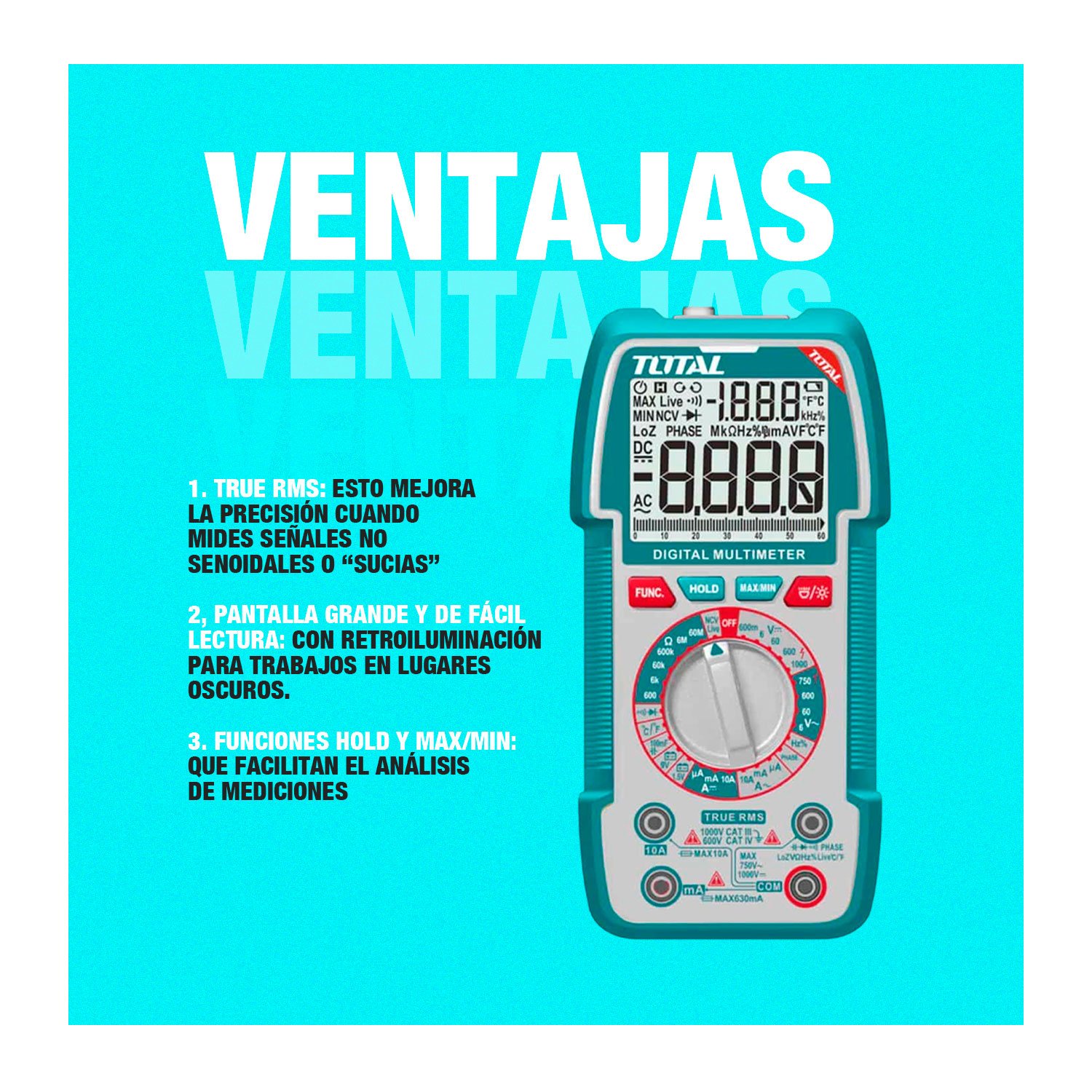 Multímetro 1000v Total + 2 Pilas Aa + Puntas De Prueba - Imagen 7