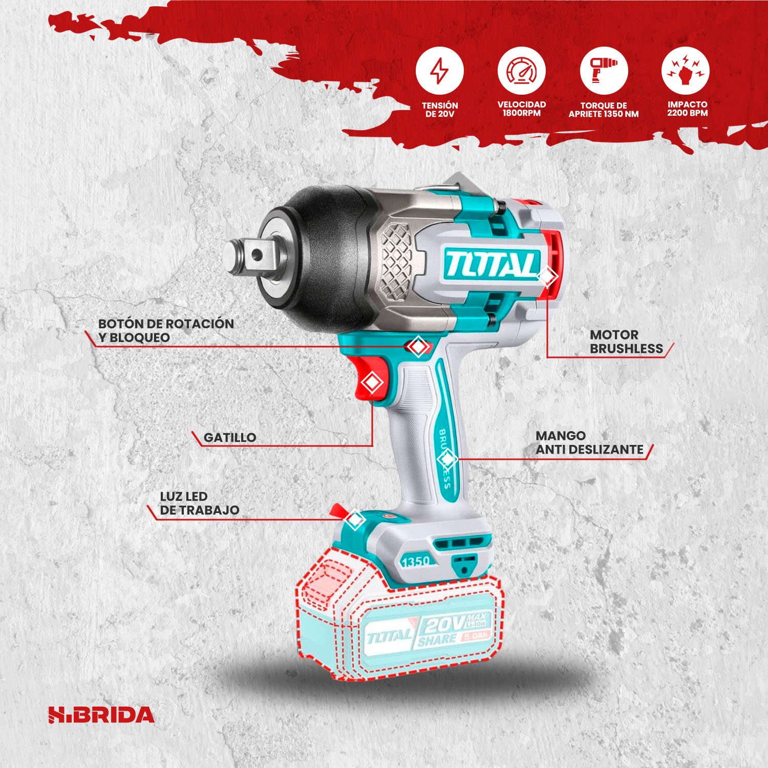 Llave de Impacto 1350Nm 3/4'' Brushless TOTAL - TIWLI201351 - Imagen 3