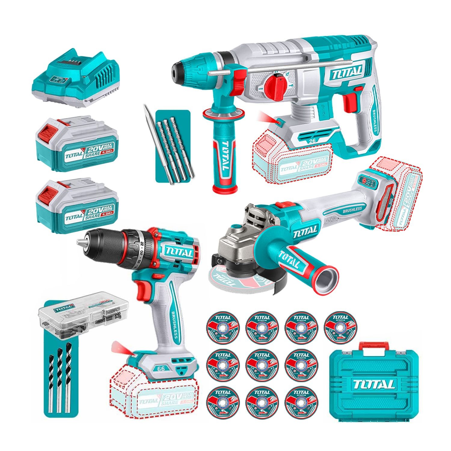TALADRO INALÁMBRICO +AMOLADORA 20V + ROTOMARTILLO TOTAL 2BATS