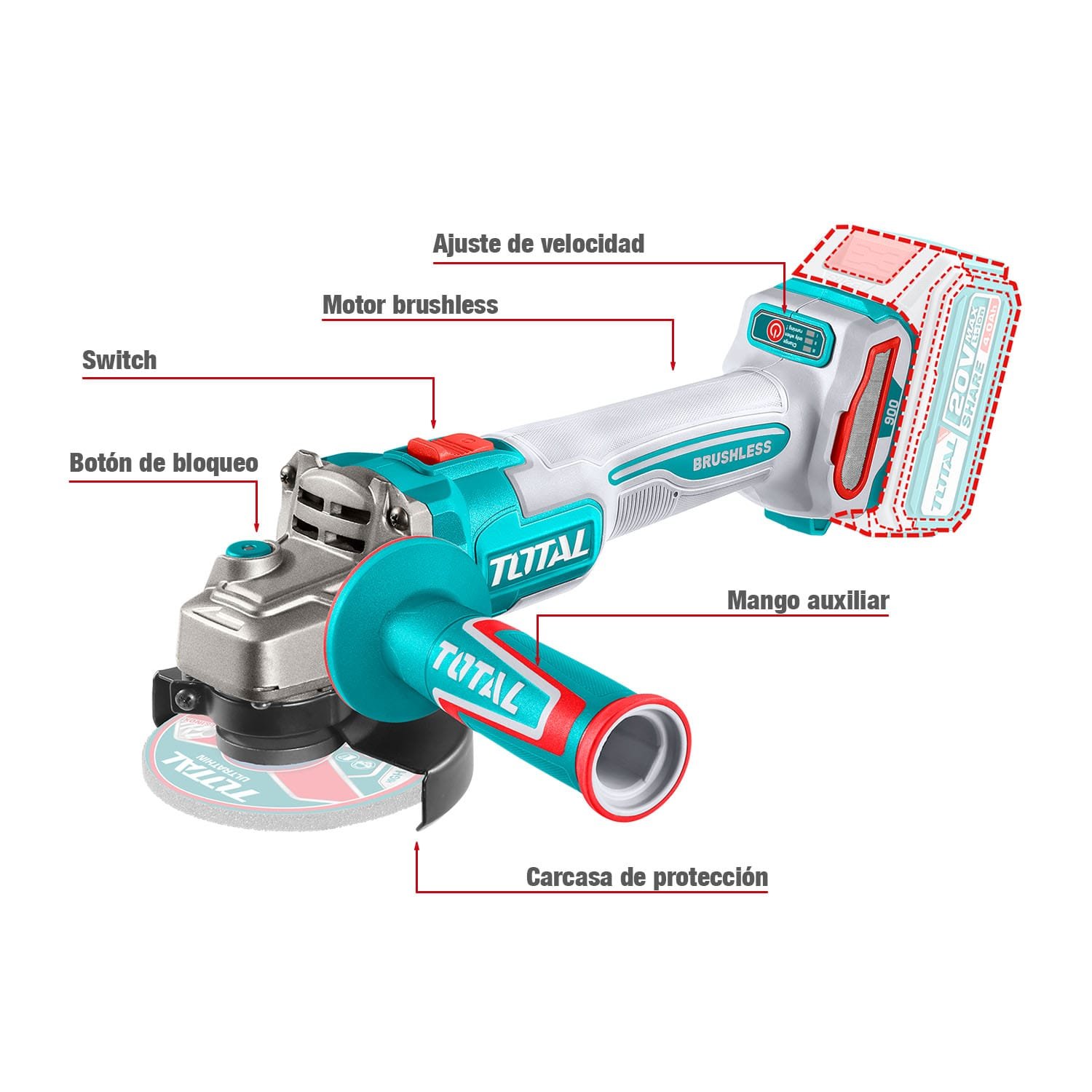 TALADRO INALÁMBRICO +AMOLADORA 20V + ROTOMARTILLO TOTAL 2BATS - Imagen 10