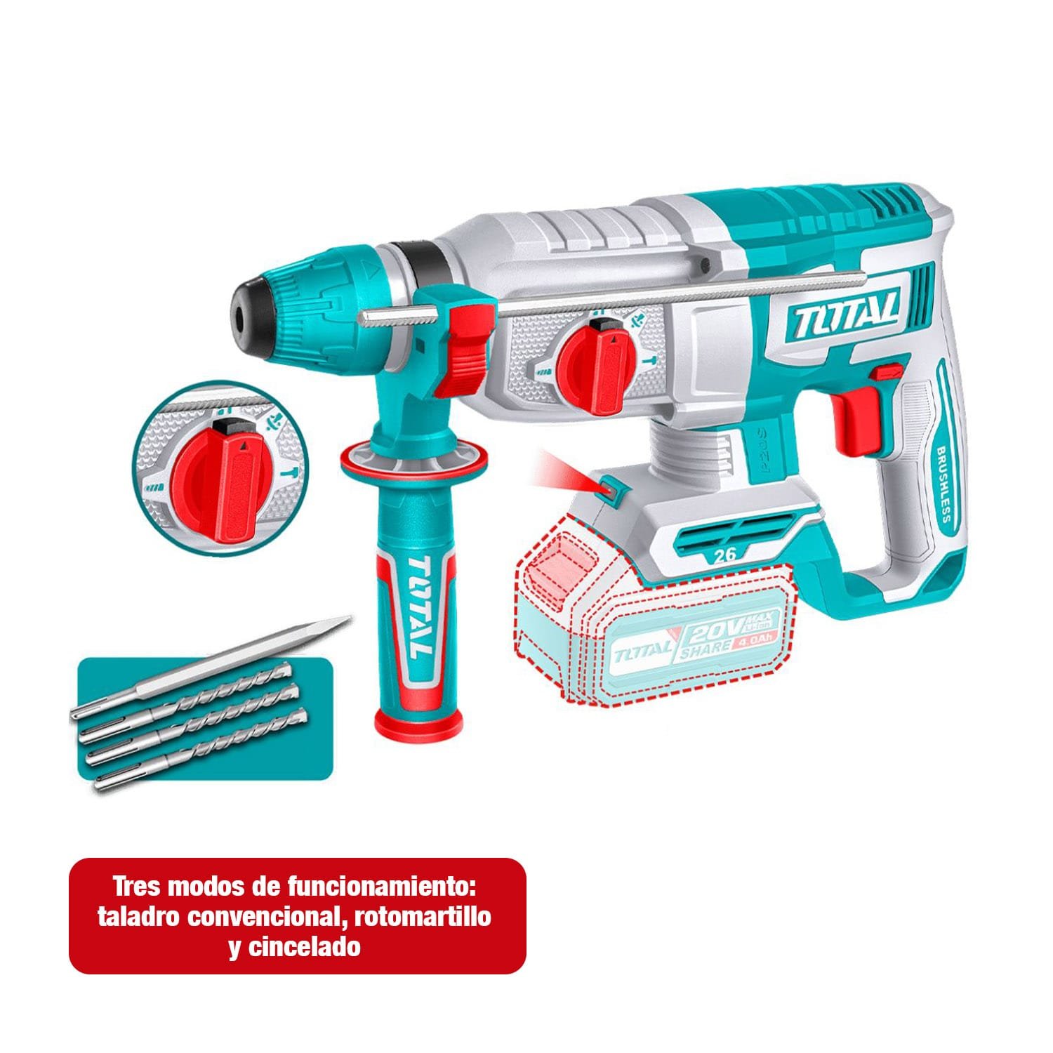TALADRO INALÁMBRICO +AMOLADORA 20V + ROTOMARTILLO TOTAL 2BATS - Imagen 6
